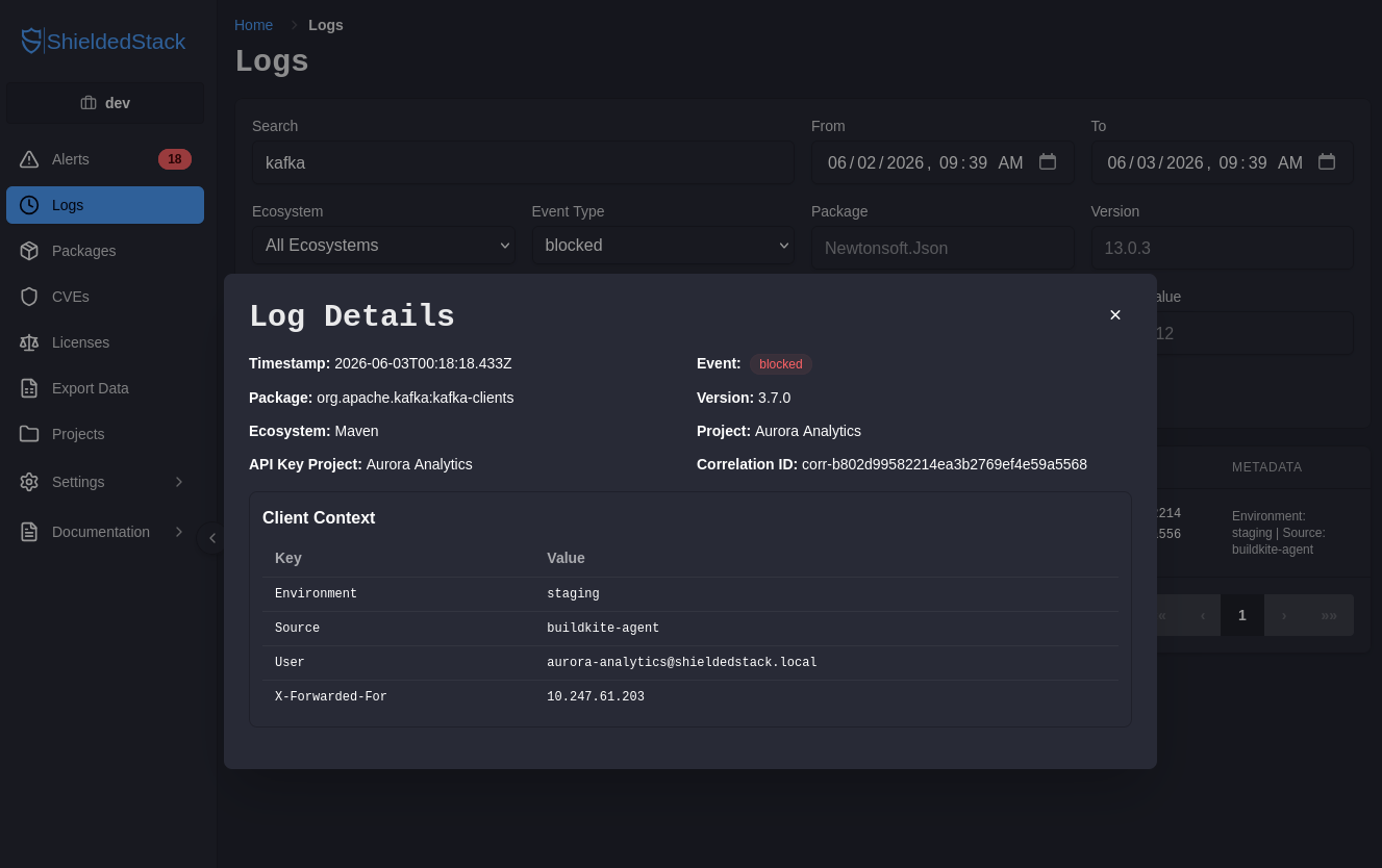 ShieldedStack package download traceability logs showing package requests, event type, project, correlation ID, and client metadata