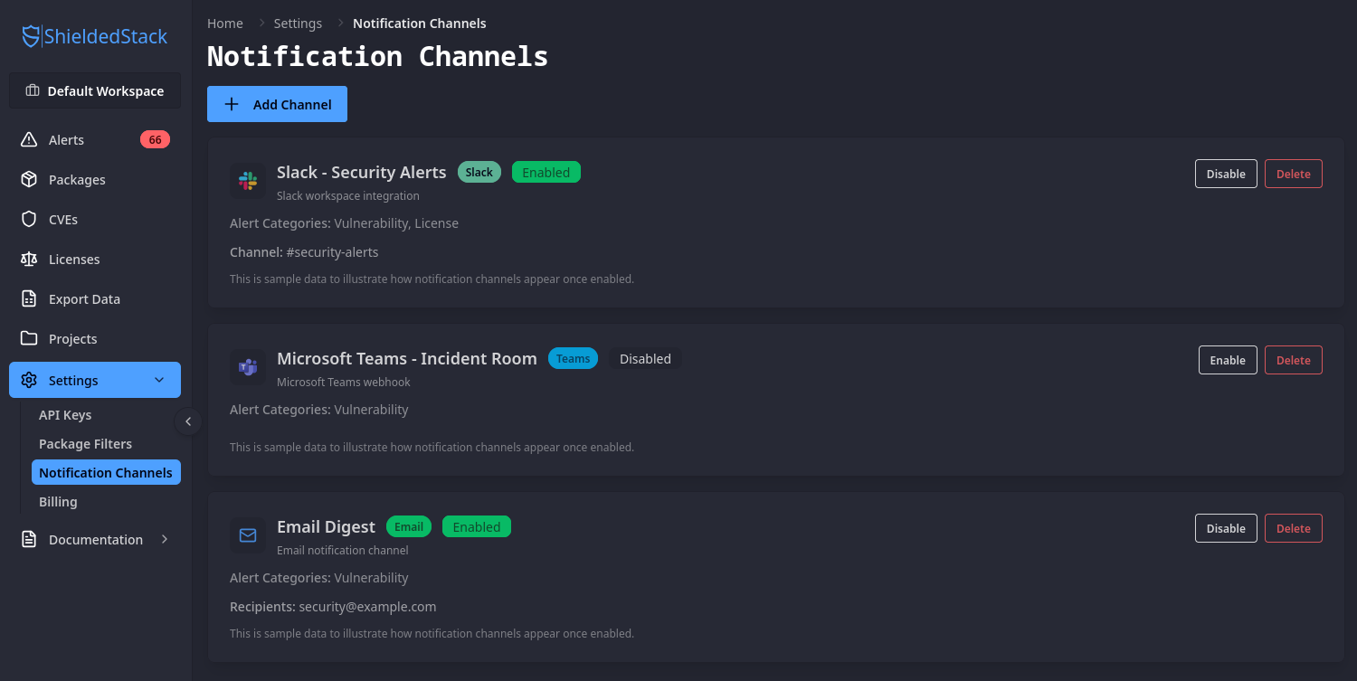 ShieldedStack notification channel configuration for Teams, Slack, and Email