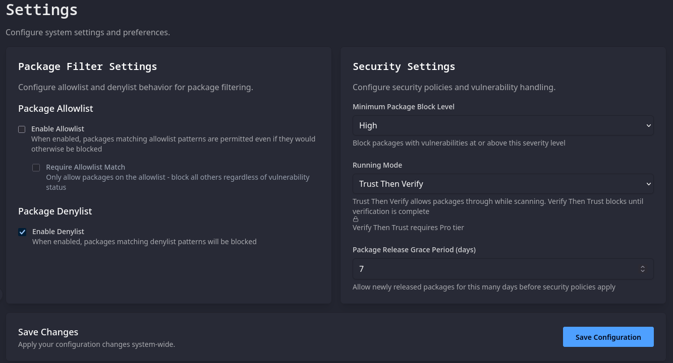 ShieldedStack Policy Engine showing CVE severity filters and package allow/deny lists